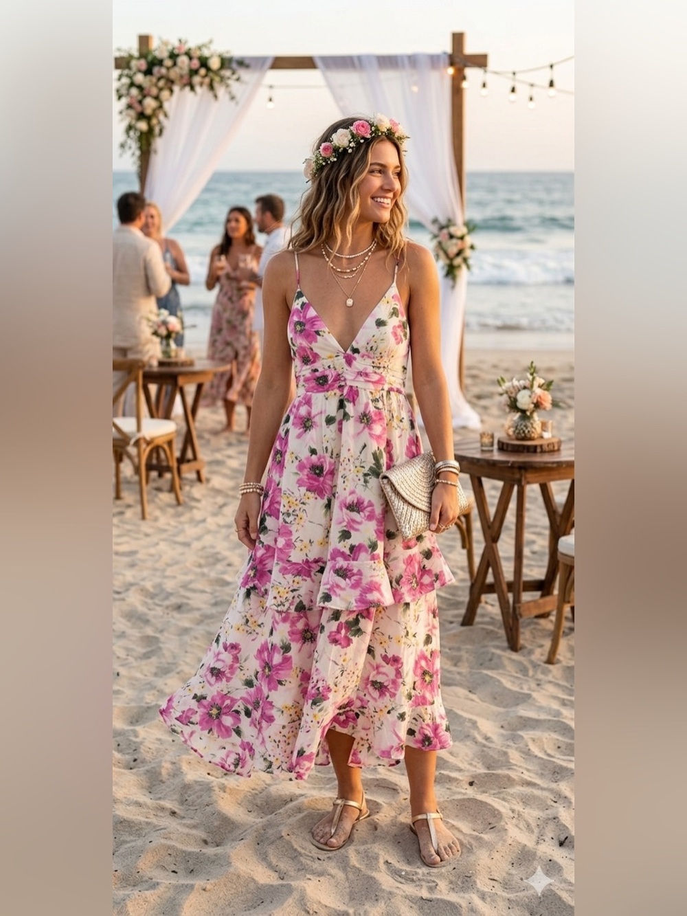 Floral Pink V-Neck Tiered Maxi Dress - Women's Summer Dress size XL